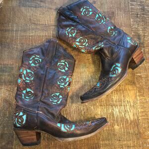 Corral Womens Boots 10M Antique Brown Turquoise Rose Cowgirl Festival Rodeo Boho